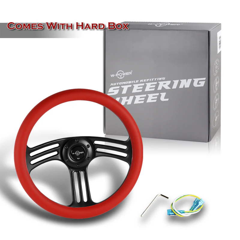 W-Power 14" 350mm 6-Bolt Hole Vintage Style Red Leather Grip With Aluminum Finished 3-Spoke 3 Inches Deep Dish Steering Wheel -Black Center Spoke - Image 6