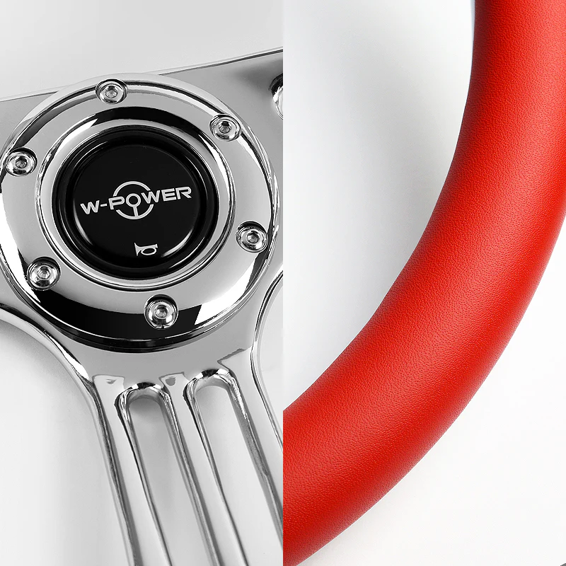 W-Power 14" 350mm 6-Bolt Hole Vintage Style Red Leather Grip With Aluminum Finished 3-Spoke 3 Inches Deep Dish Steering Wheel -Chrome Center Spoke - Image 3