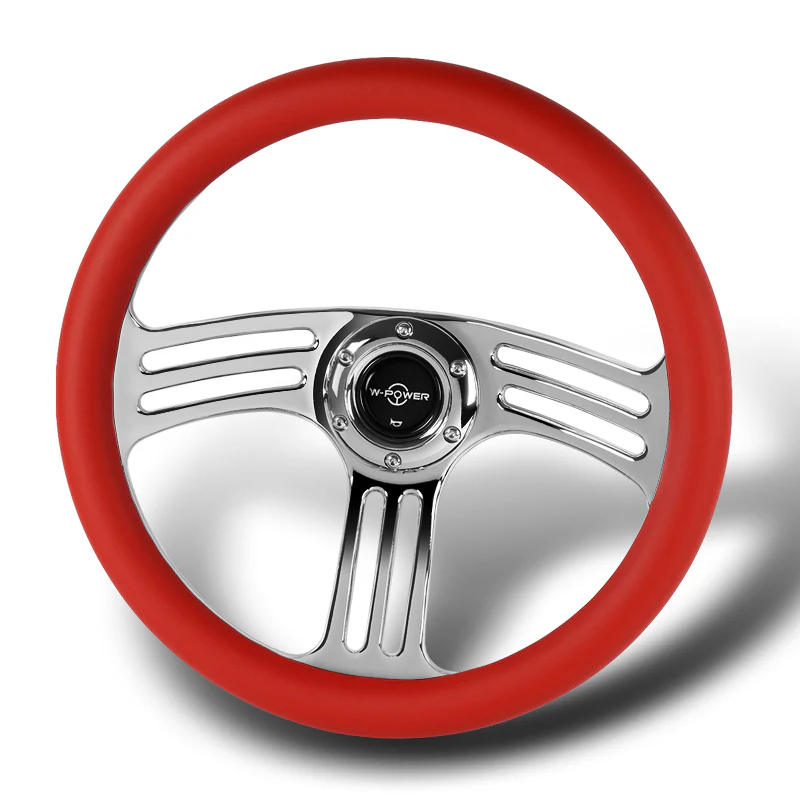 W-Power 14" 350mm 6-Bolt Hole Vintage Style Red Leather Grip With Aluminum Finished 3-Spoke 3 Inches Deep Dish Steering Wheel -Chrome Center Spoke - Image 4