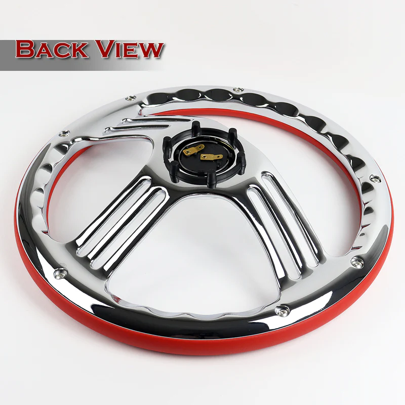 W-Power 14" 350mm 6-Bolt Hole Vintage Style Red Leather Grip With Aluminum Finished 3-Spoke 3 Inches Deep Dish Steering Wheel -Chrome Center Spoke - Image 5