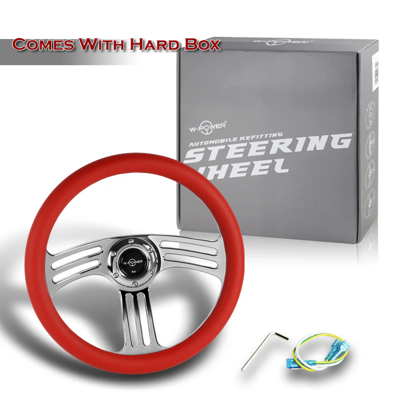 W-Power 14" 350mm 6-Bolt Hole Vintage Style Red Leather Grip With Aluminum Finished 3-Spoke 3 Inches Deep Dish Steering Wheel -Chrome Center Spoke - Image 6