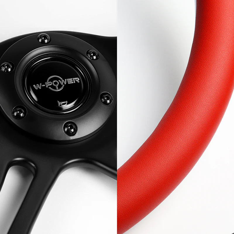 W-Power 14" 350mm 6-Bolt Hole Vintage Style Red Leather Grip With Aluminum Finished 3-Spoke Steering Wheel -Black Center Spoke - Image 3