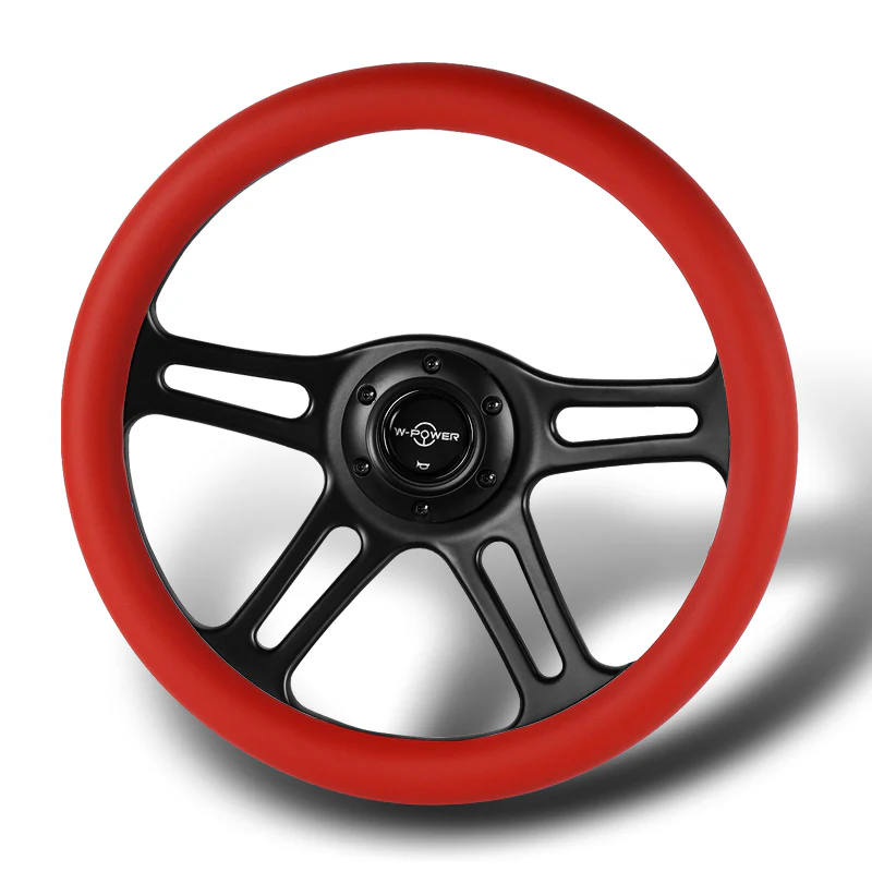 W-Power 14" 350mm 6-Bolt Hole Vintage Style Red Leather Grip With Aluminum Finished 3-Spoke Steering Wheel -Black Center Spoke - Image 4