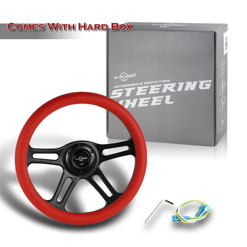 W-Power 14" 350mm 6-Bolt Hole Vintage Style Red Leather Grip With Aluminum Finished 3-Spoke Steering Wheel -Black Center Spoke - Image 6