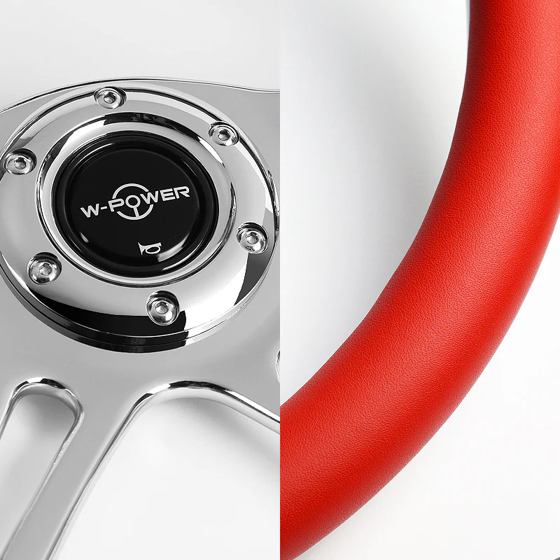 W-Power 14" 350mm 6-Bolt Hole Vintage Style Red Leather Grip With Aluminum Finished 3-Spoke Steering Wheel -Chrome Center Spoke - Image 3