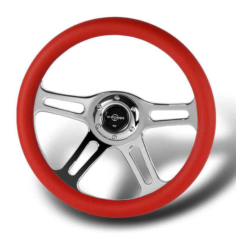 W-Power 14" 350mm 6-Bolt Hole Vintage Style Red Leather Grip With Aluminum Finished 3-Spoke Steering Wheel -Chrome Center Spoke - Image 4