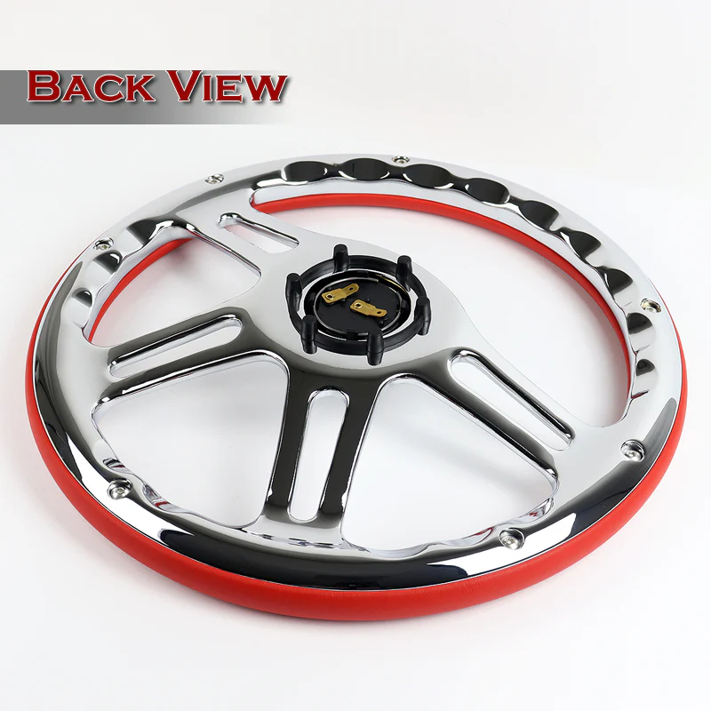 W-Power 14" 350mm 6-Bolt Hole Vintage Style Red Leather Grip With Aluminum Finished 3-Spoke Steering Wheel -Chrome Center Spoke - Image 5