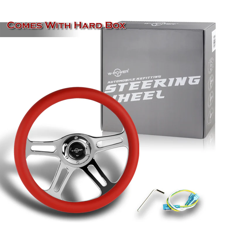 W-Power 14" 350mm 6-Bolt Hole Vintage Style Red Leather Grip With Aluminum Finished 3-Spoke Steering Wheel -Chrome Center Spoke - Image 6
