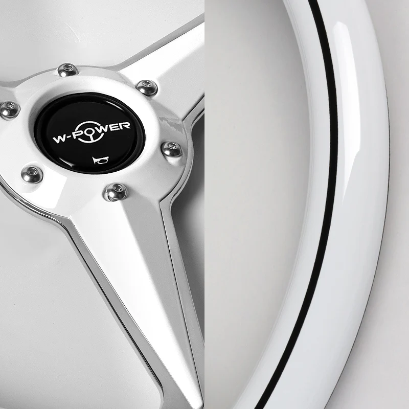 W-Power 14" 350mm 6-Bolt Hole Vintage Style White Wood With Black Line Grip Aluminum Finished 3-Spoke Steering Wheel - Image 3