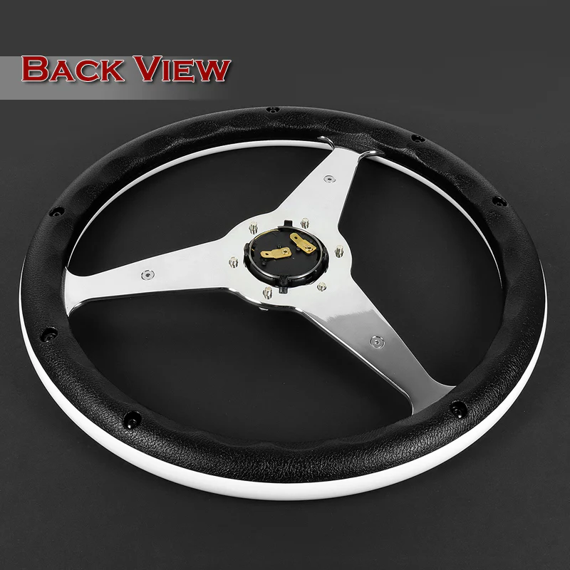 W-Power 14" 350mm 6-Bolt Hole Vintage Style White Wood With Black Line Grip Aluminum Finished 3-Spoke Steering Wheel - Image 4