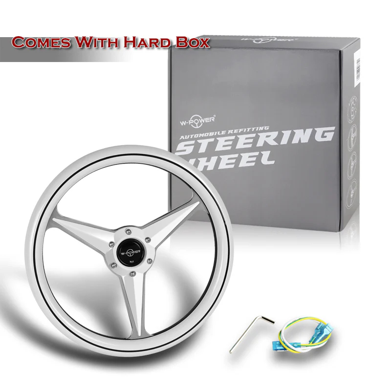 W-Power 14" 350mm 6-Bolt Hole Vintage Style White Wood With Black Line Grip Aluminum Finished 3-Spoke Steering Wheel - Image 5