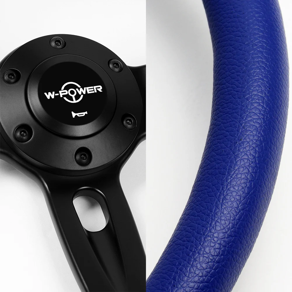 W-Power 14" 350mm 6-Bolt Hole Vinyl Grip With Aluminum Finished 3-Spoke Steering Wheel -Blue Vinyl Wrap/Black Center Spoke - Image 3