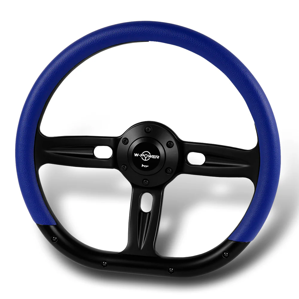 W-Power 14" 350mm 6-Bolt Hole Vinyl Grip With Aluminum Finished 3-Spoke Steering Wheel -Blue Vinyl Wrap/Black Center Spoke - Image 4