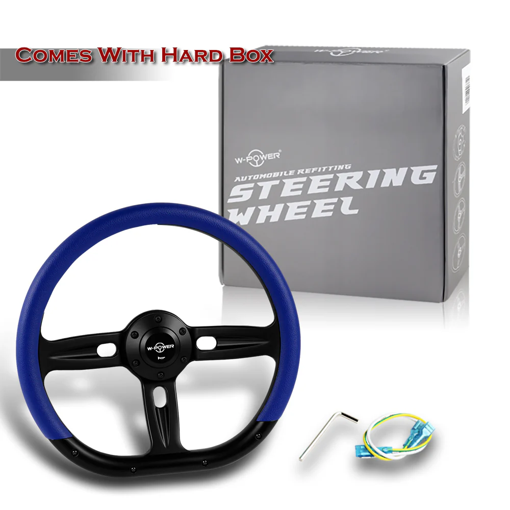 W-Power 14" 350mm 6-Bolt Hole Vinyl Grip With Aluminum Finished 3-Spoke Steering Wheel -Blue Vinyl Wrap/Black Center Spoke - Image 7