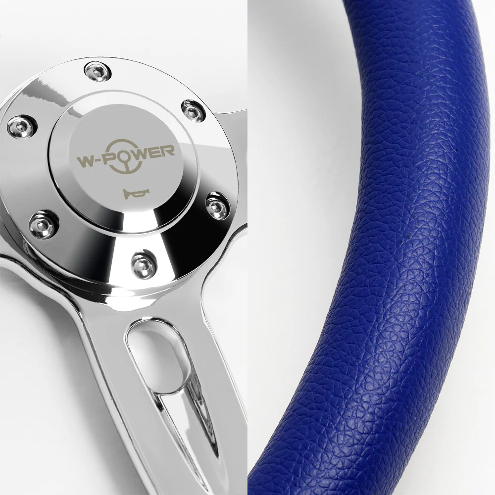 W-Power 14" 350mm 6-Bolt Hole Vinyl Grip With Aluminum Finished 3-Spoke Steering Wheel -Blue Vinyl Wrap/Chrome Center Spoke - Image 3