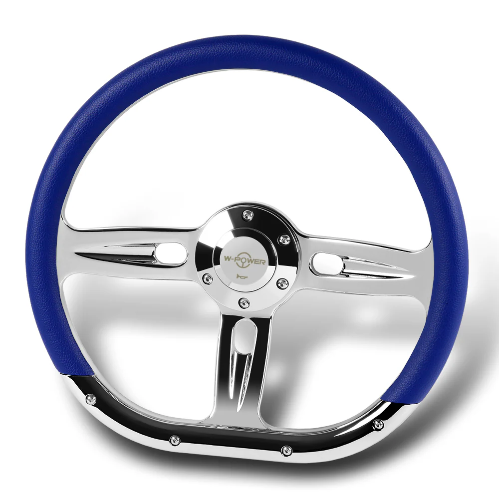 W-Power 14" 350mm 6-Bolt Hole Vinyl Grip With Aluminum Finished 3-Spoke Steering Wheel -Blue Vinyl Wrap/Chrome Center Spoke - Image 4