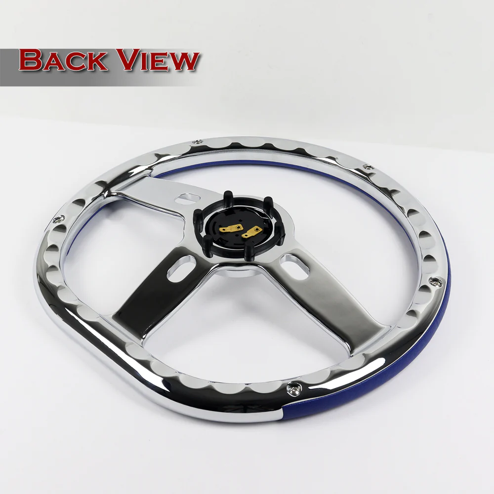 W-Power 14" 350mm 6-Bolt Hole Vinyl Grip With Aluminum Finished 3-Spoke Steering Wheel -Blue Vinyl Wrap/Chrome Center Spoke - Image 5