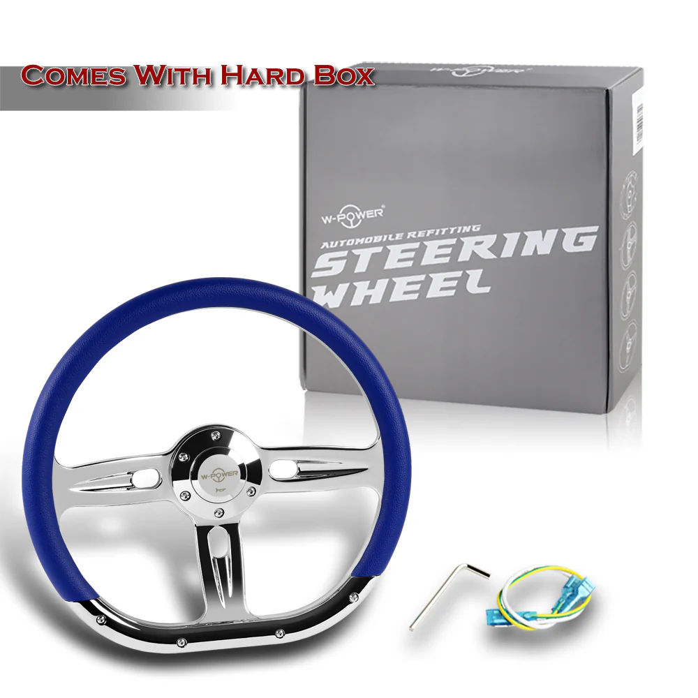 W-Power 14" 350mm 6-Bolt Hole Vinyl Grip With Aluminum Finished 3-Spoke Steering Wheel -Blue Vinyl Wrap/Chrome Center Spoke - Image 6