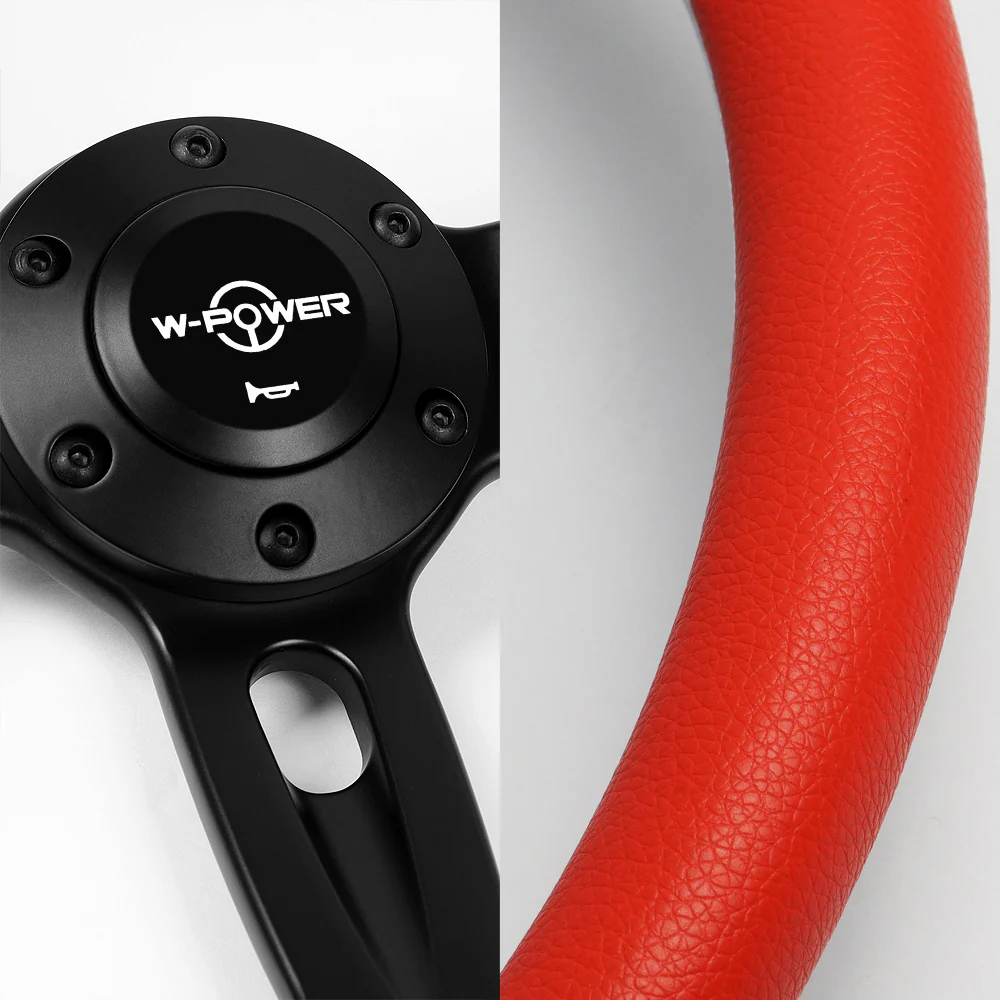 W-Power 14" 350mm 6-Bolt Hole Vinyl Grip With Aluminum Finished 3-Spoke Steering Wheel -Red Vinyl Wrap/Black Center Spoke - Image 3