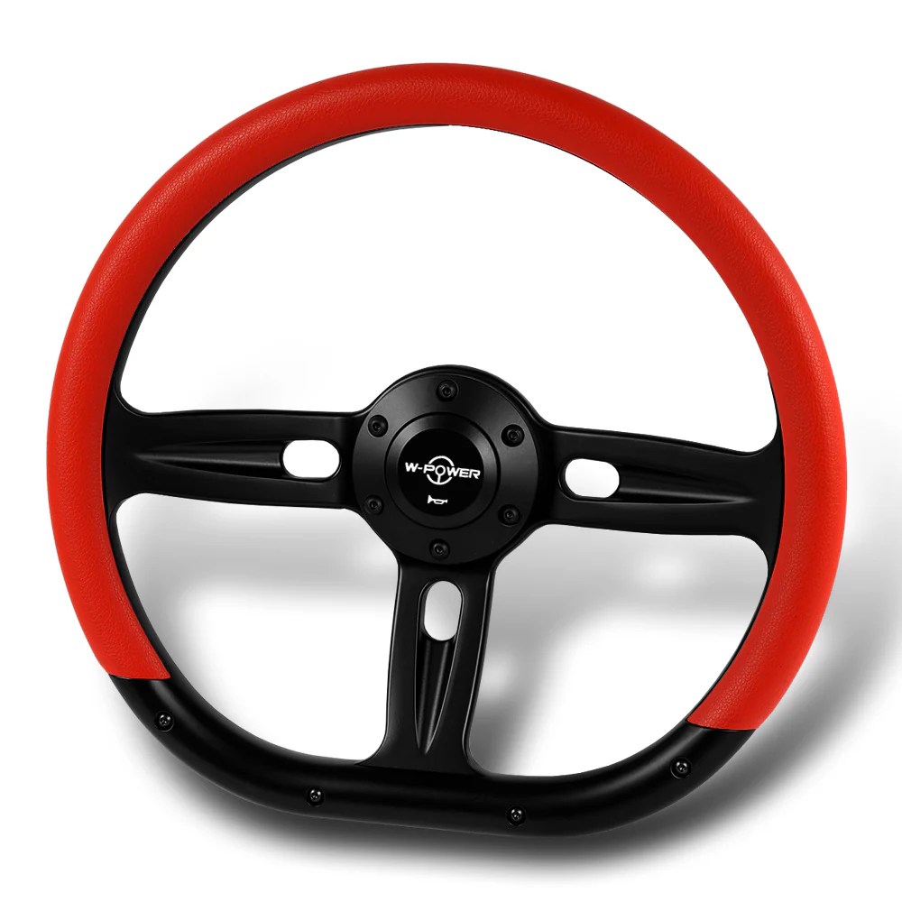 W-Power 14" 350mm 6-Bolt Hole Vinyl Grip With Aluminum Finished 3-Spoke Steering Wheel -Red Vinyl Wrap/Black Center Spoke - Image 4