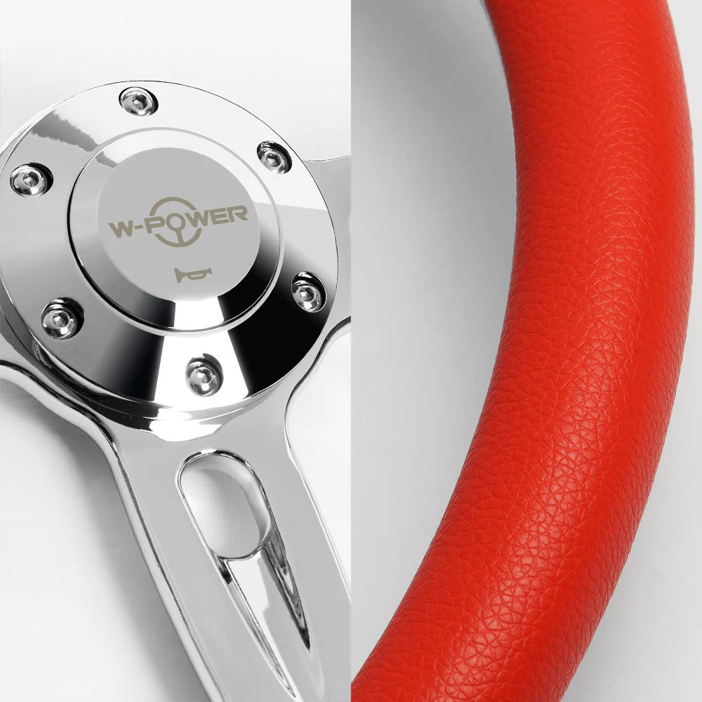 W-Power 14" 350mm 6-Bolt Hole Vinyl Grip With Aluminum Finished 3-Spoke Steering Wheel -Red Vinyl Wrap/Chrome Center Spoke - Image 3