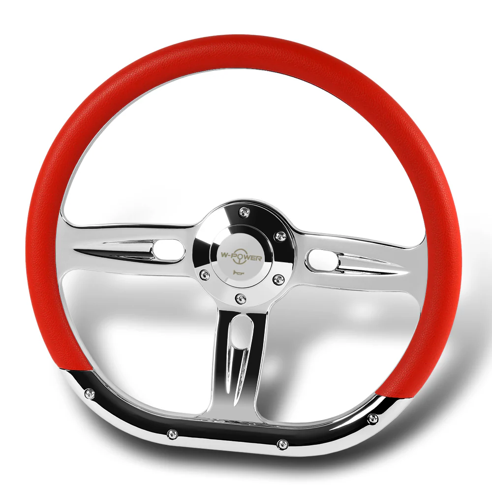 W-Power 14" 350mm 6-Bolt Hole Vinyl Grip With Aluminum Finished 3-Spoke Steering Wheel -Red Vinyl Wrap/Chrome Center Spoke - Image 4
