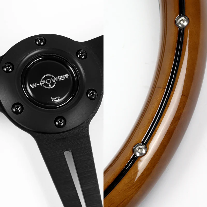 W-Power 14" 350mm 6-Bolt Hole Classic Style Polished Dark Wood Grain Grip With Aluminum Finished 3-Spoke Steering Wheel -Black Center Spoke - Image 3
