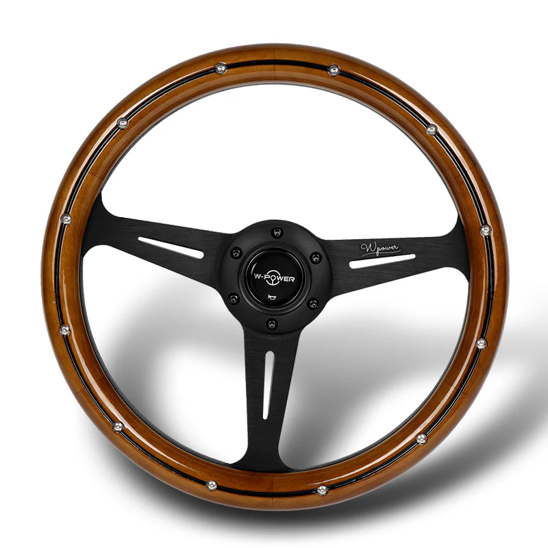 W-Power 14" 350mm 6-Bolt Hole Classic Style Polished Dark Wood Grain Grip With Aluminum Finished 3-Spoke Steering Wheel -Black Center Spoke - Image 4