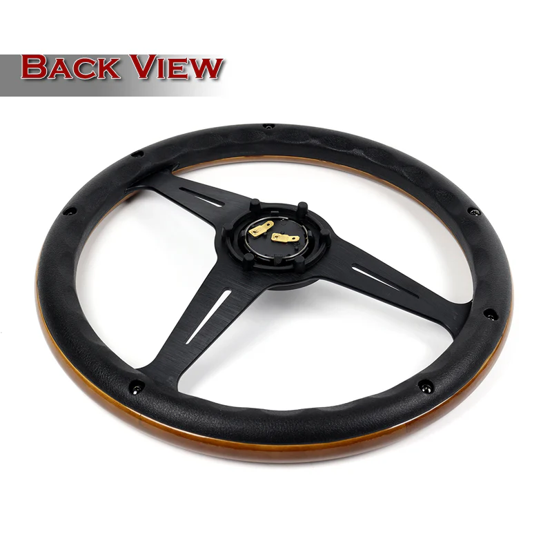 W-Power 14" 350mm 6-Bolt Hole Classic Style Polished Dark Wood Grain Grip With Aluminum Finished 3-Spoke Steering Wheel -Black Center Spoke - Image 5