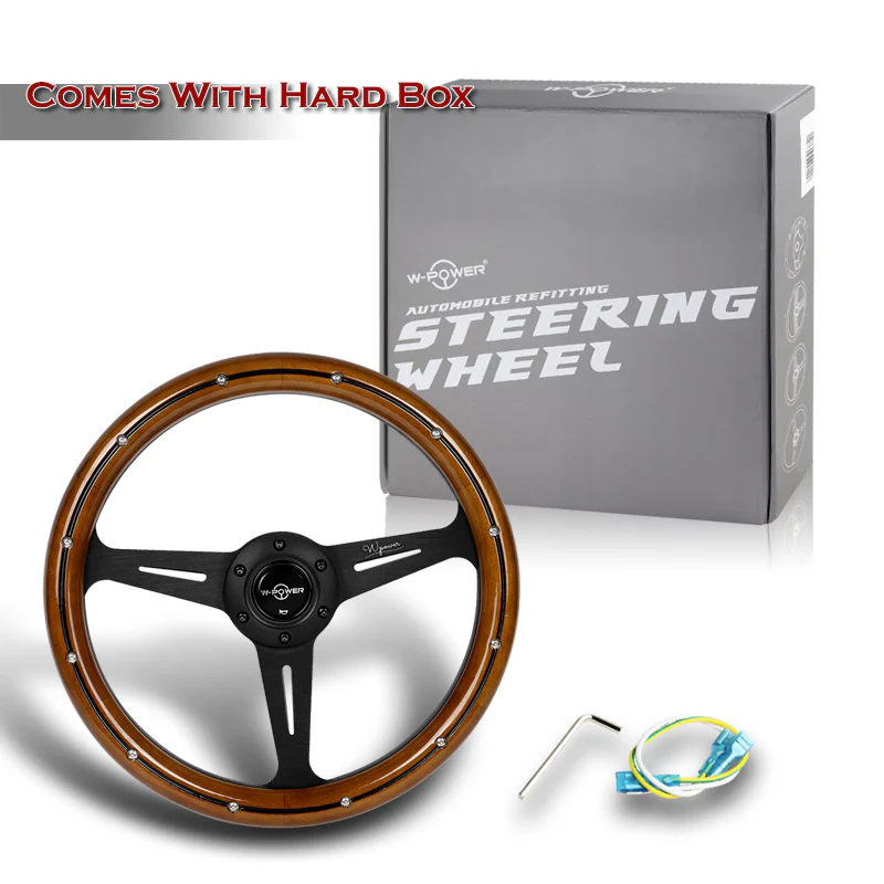 W-Power 14" 350mm 6-Bolt Hole Classic Style Polished Dark Wood Grain Grip With Aluminum Finished 3-Spoke Steering Wheel -Black Center Spoke - Image 6