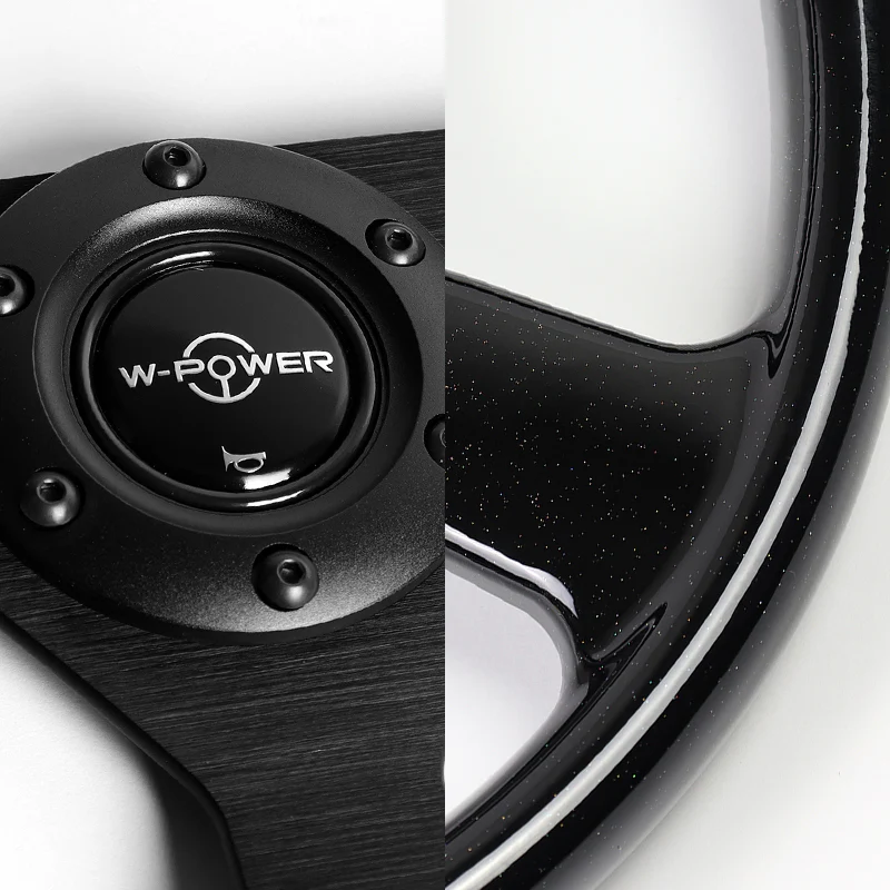 W-Power 14" 350mm Reinforced 6-Bolt Hole JDM Euro VIP Style Polished Galaxy Black Wood Grain Trim Grip With Aluminum Finished 3-Spoke Steering Wheel -Matte Black Center Spoke - Image 3