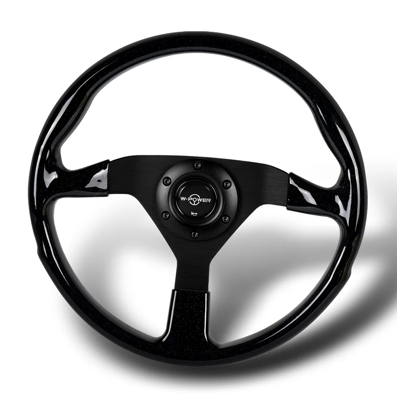 W-Power 14" 350mm Reinforced 6-Bolt Hole JDM Euro VIP Style Polished Galaxy Black Wood Grain Trim Grip With Aluminum Finished 3-Spoke Steering Wheel -Matte Black Center Spoke - Image 4
