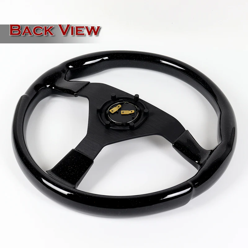 W-Power 14" 350mm Reinforced 6-Bolt Hole JDM Euro VIP Style Polished Galaxy Black Wood Grain Trim Grip With Aluminum Finished 3-Spoke Steering Wheel -Matte Black Center Spoke - Image 5