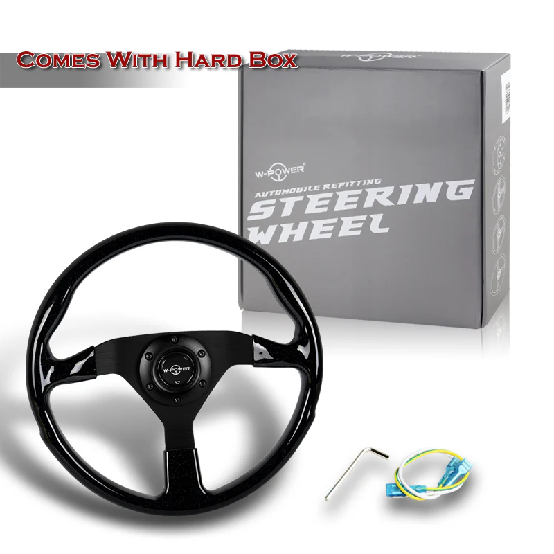 W-Power 14" 350mm Reinforced 6-Bolt Hole JDM Euro VIP Style Polished Galaxy Black Wood Grain Trim Grip With Aluminum Finished 3-Spoke Steering Wheel -Matte Black Center Spoke - Image 6