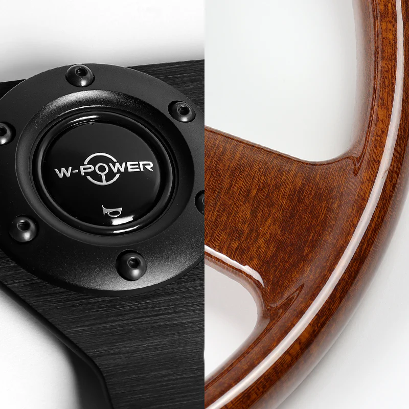 W-Power 14" 350mm Reinforced 6-Bolt Hole JDM Euro VIP Style Polished Galaxy Brown Classic Wood Grain Trim Grip With Aluminum Finished 3-Spoke Steering Wheel -Matte Black Center Spoke - Image 3
