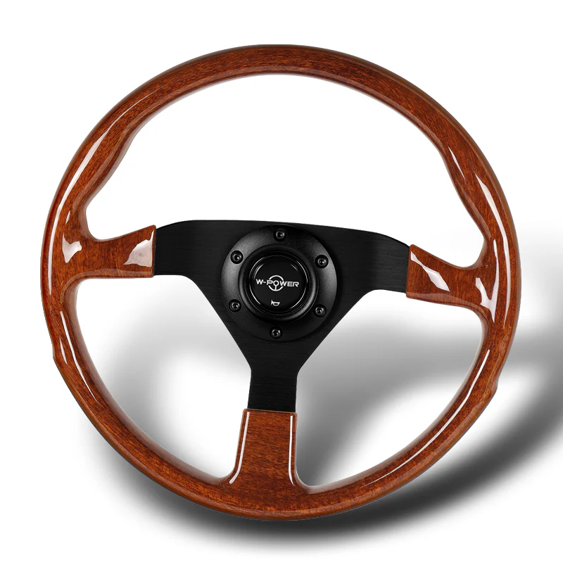 W-Power 14" 350mm Reinforced 6-Bolt Hole JDM Euro VIP Style Polished Galaxy Brown Classic Wood Grain Trim Grip With Aluminum Finished 3-Spoke Steering Wheel -Matte Black Center Spoke - Image 4