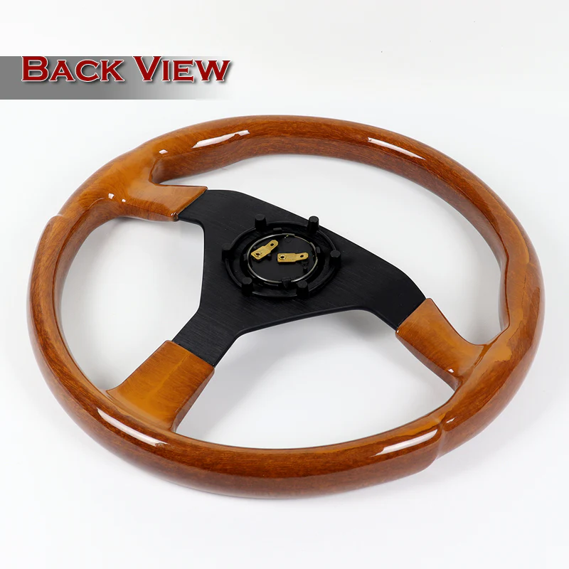 W-Power 14" 350mm Reinforced 6-Bolt Hole JDM Euro VIP Style Polished Galaxy Brown Classic Wood Grain Trim Grip With Aluminum Finished 3-Spoke Steering Wheel -Matte Black Center Spoke - Image 5