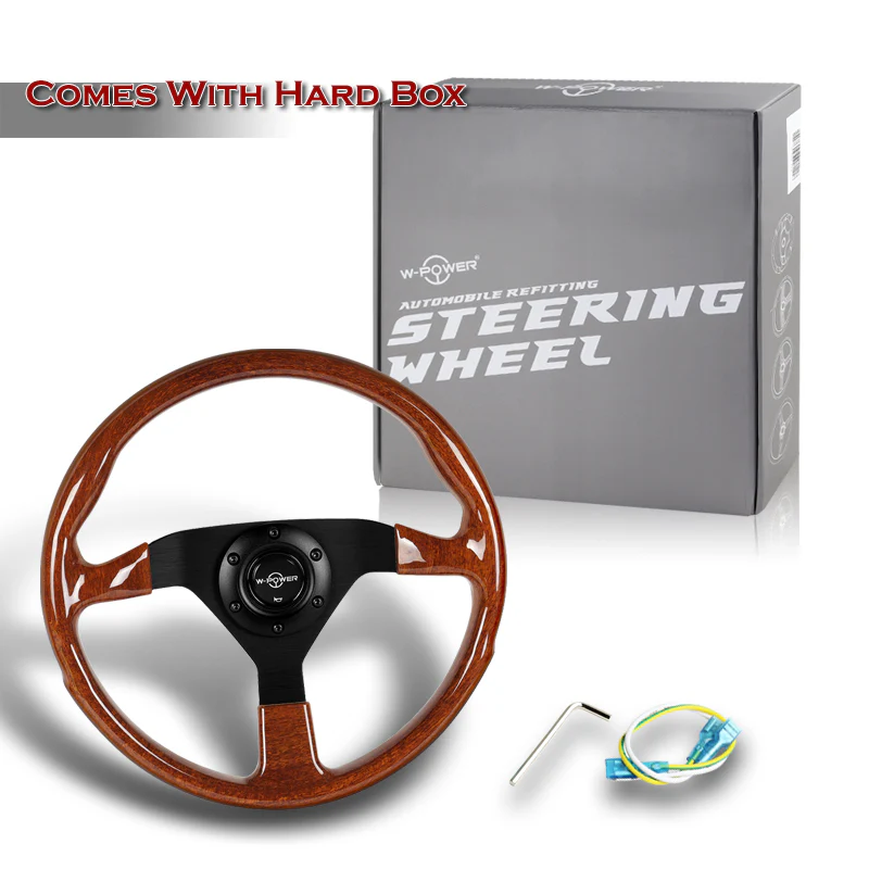 W-Power 14" 350mm Reinforced 6-Bolt Hole JDM Euro VIP Style Polished Galaxy Brown Classic Wood Grain Trim Grip With Aluminum Finished 3-Spoke Steering Wheel -Matte Black Center Spoke - Image 6