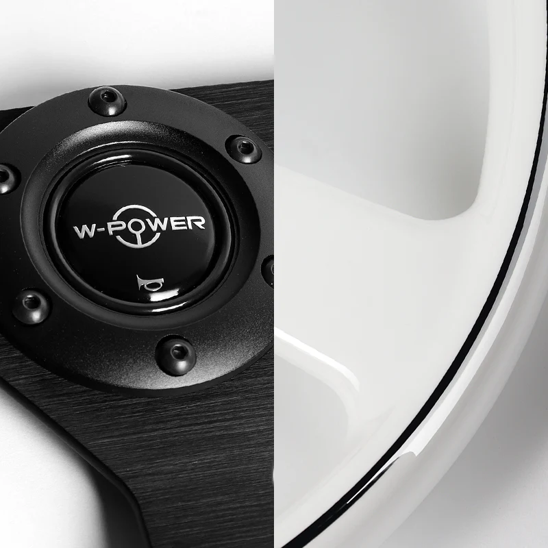 W-Power 14" 350mm Reinforced 6-Bolt Hole JDM Euro VIP Style Polished Galaxy White Classic Wood Grain Trim Grip With Aluminum Finished 3-Spoke Steering Wheel -Matte Black Center Spoke - Image 3