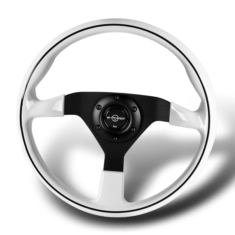 W-Power 14" 350mm Reinforced 6-Bolt Hole JDM Euro VIP Style Polished Galaxy White Classic Wood Grain Trim Grip With Aluminum Finished 3-Spoke Steering Wheel -Matte Black Center Spoke - Image 4