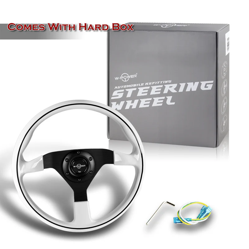 W-Power 14" 350mm Reinforced 6-Bolt Hole JDM Euro VIP Style Polished Galaxy White Classic Wood Grain Trim Grip With Aluminum Finished 3-Spoke Steering Wheel -Matte Black Center Spoke - Image 6