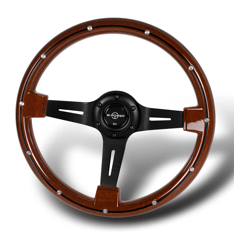 W-Power 14" 355mm 6-Bolt Hole Classic Style Galaxy Dark Wood Grain Grip With Aluminum Finished 3-Spoke 2.5 Inches Deep Dish Steering Wheel -Black Center Spoke - Image 3