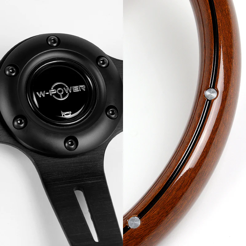 W-Power 14" 355mm 6-Bolt Hole Classic Style Galaxy Dark Wood Grain Grip With Aluminum Finished 3-Spoke 2.5 Inches Deep Dish Steering Wheel -Black Center Spoke - Image 4