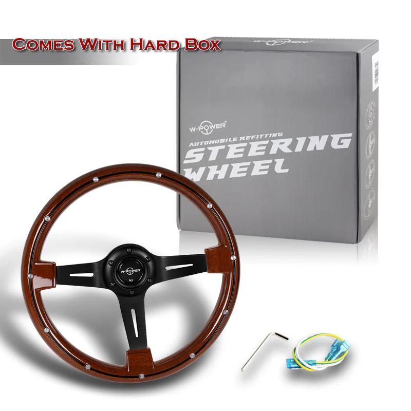 W-Power 14" 355mm 6-Bolt Hole Classic Style Galaxy Dark Wood Grain Grip With Aluminum Finished 3-Spoke 2.5 Inches Deep Dish Steering Wheel -Black Center Spoke - Image 6