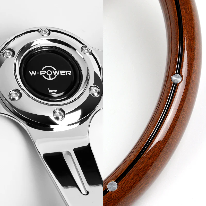 W-Power 14" 355mm 6-Bolt Hole Classic Style Galaxy Dark Wood Grain Grip With Aluminum Finished 3-Spoke 2.5 Inches Deep Dish Steering Wheel -Chrome Center Spoke - Image 3