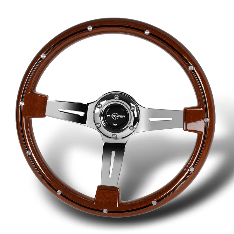 W-Power 14" 355mm 6-Bolt Hole Classic Style Galaxy Dark Wood Grain Grip With Aluminum Finished 3-Spoke 2.5 Inches Deep Dish Steering Wheel -Chrome Center Spoke - Image 4