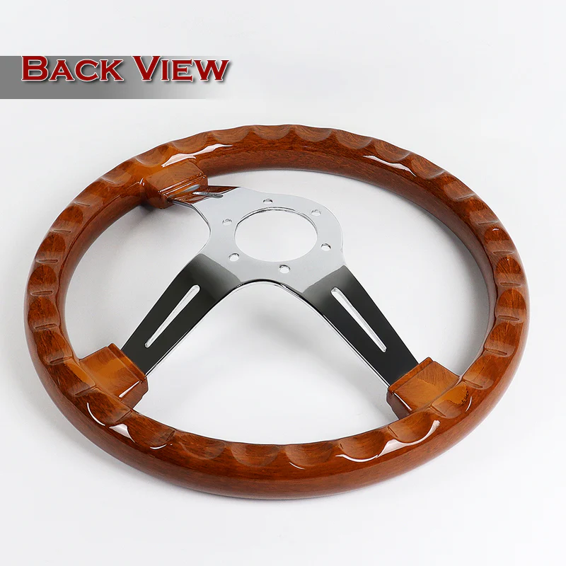 W-Power 14" 355mm 6-Bolt Hole Classic Style Galaxy Dark Wood Grain Grip With Aluminum Finished 3-Spoke 2.5 Inches Deep Dish Steering Wheel -Chrome Center Spoke - Image 5