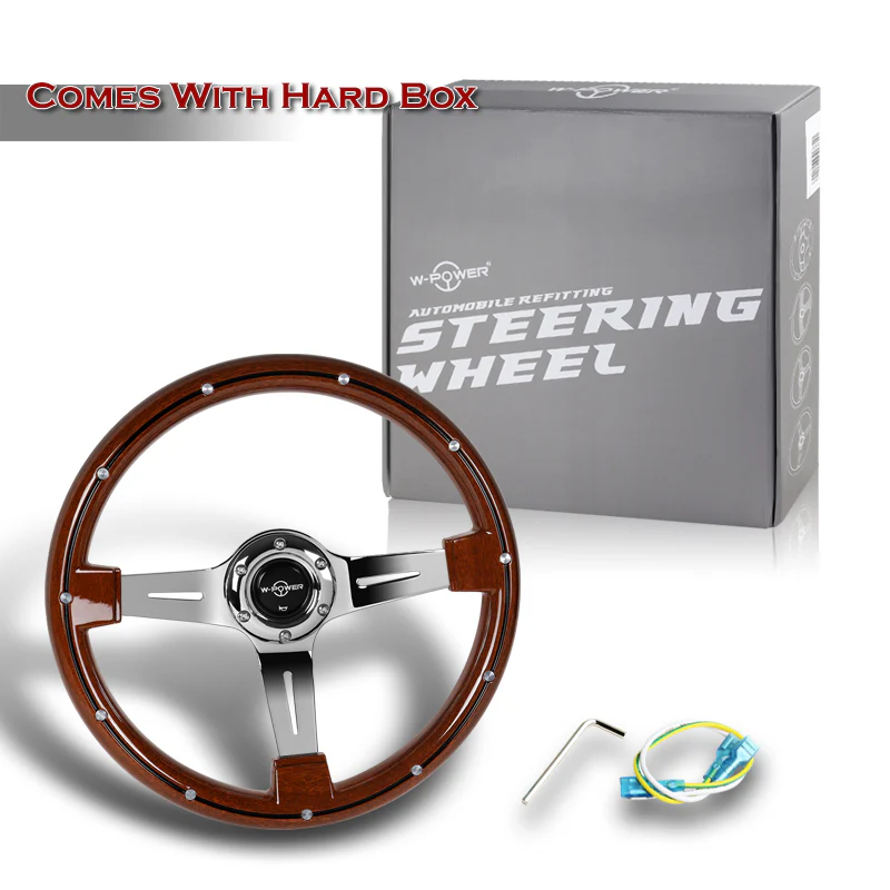 W-Power 14" 355mm 6-Bolt Hole Classic Style Galaxy Dark Wood Grain Grip With Aluminum Finished 3-Spoke 2.5 Inches Deep Dish Steering Wheel -Chrome Center Spoke - Image 6