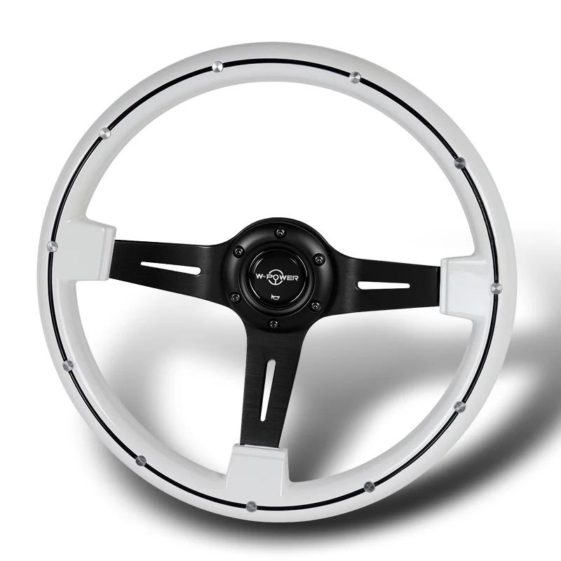 W-Power 14" 355mm 6-Bolt Hole Classic Style Galaxy White Wood Grain Grip With Aluminum Finished 3-Spoke 2.5 Inches Deep Dish Steering Wheel -Black Center Spoke - Image 4