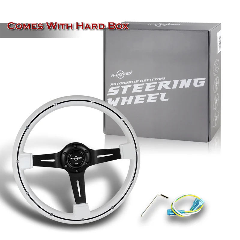 W-Power 14" 355mm 6-Bolt Hole Classic Style Galaxy White Wood Grain Grip With Aluminum Finished 3-Spoke 2.5 Inches Deep Dish Steering Wheel -Black Center Spoke - Image 6